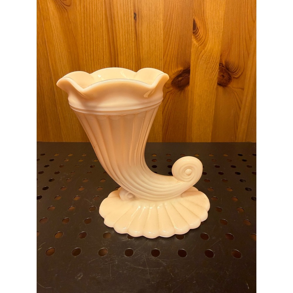 Vintage Milk Glass Cornucopia Vase Scalloped Ruffled Rim Horn of Plenty Lt Pink